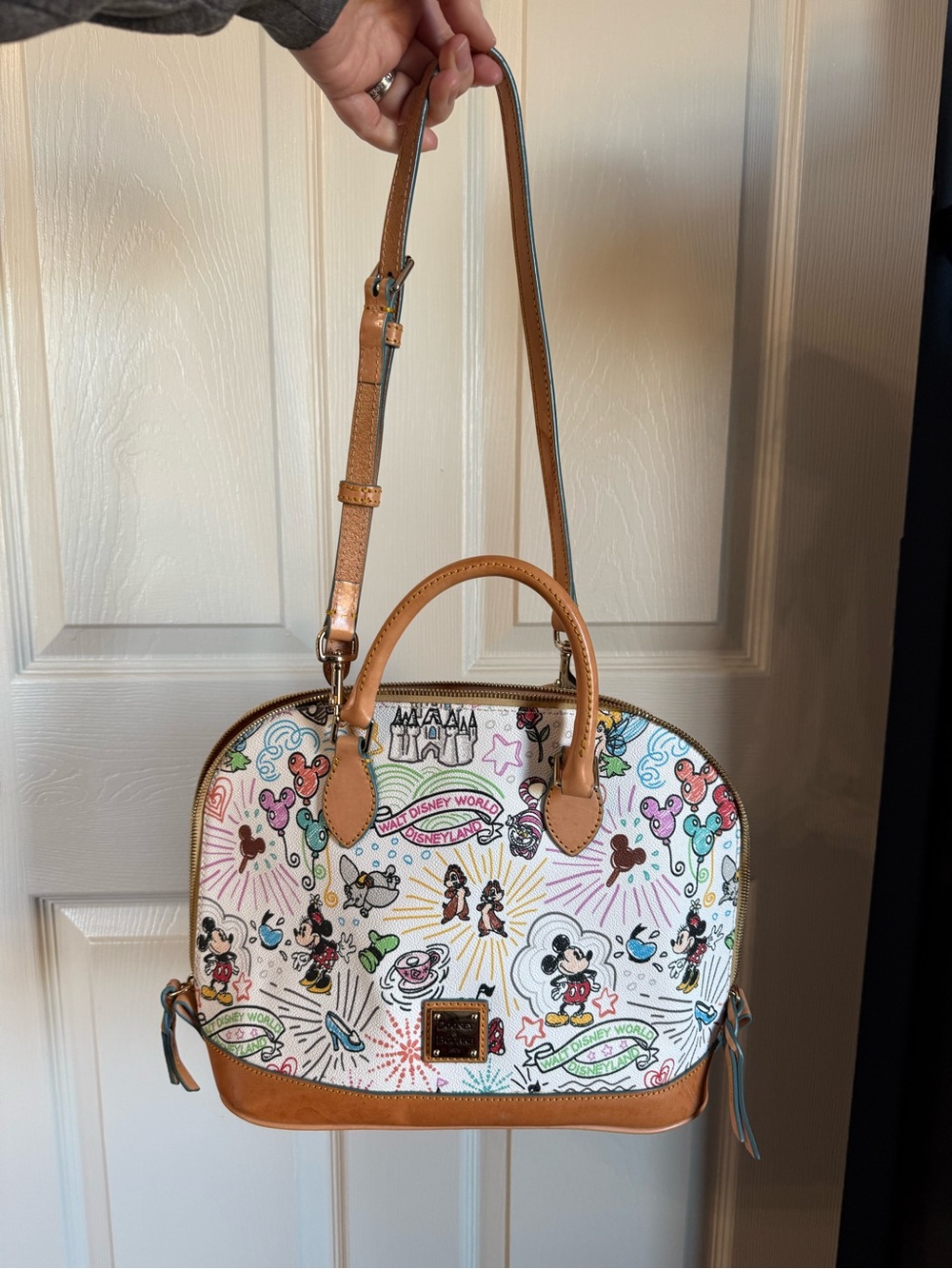 Dooney & Bourke White Multi-Color Disney Dome Satchel with Tan Trim